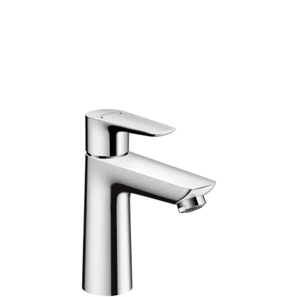 Einhebel-Waschtischmischer mit chromfarbener Oberfläche und seitlichem Hebel von Hansgrohe, ausgestattet mit einem Auslauf und einer Zugstangen-Ablaufgarnitur.